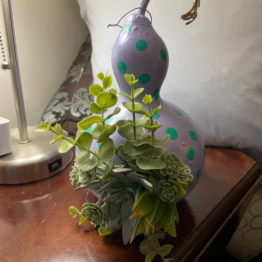 Hand crafted painted dried gourd planter purple aqua blue dots faux succulents - Picture 8 of 16
